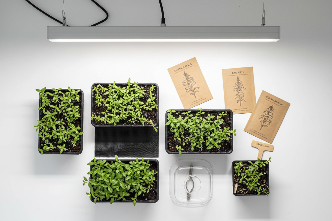 Snapdragon seedlings in plug trays with seed packets, heat mat, and grow lights for indoor seed starting