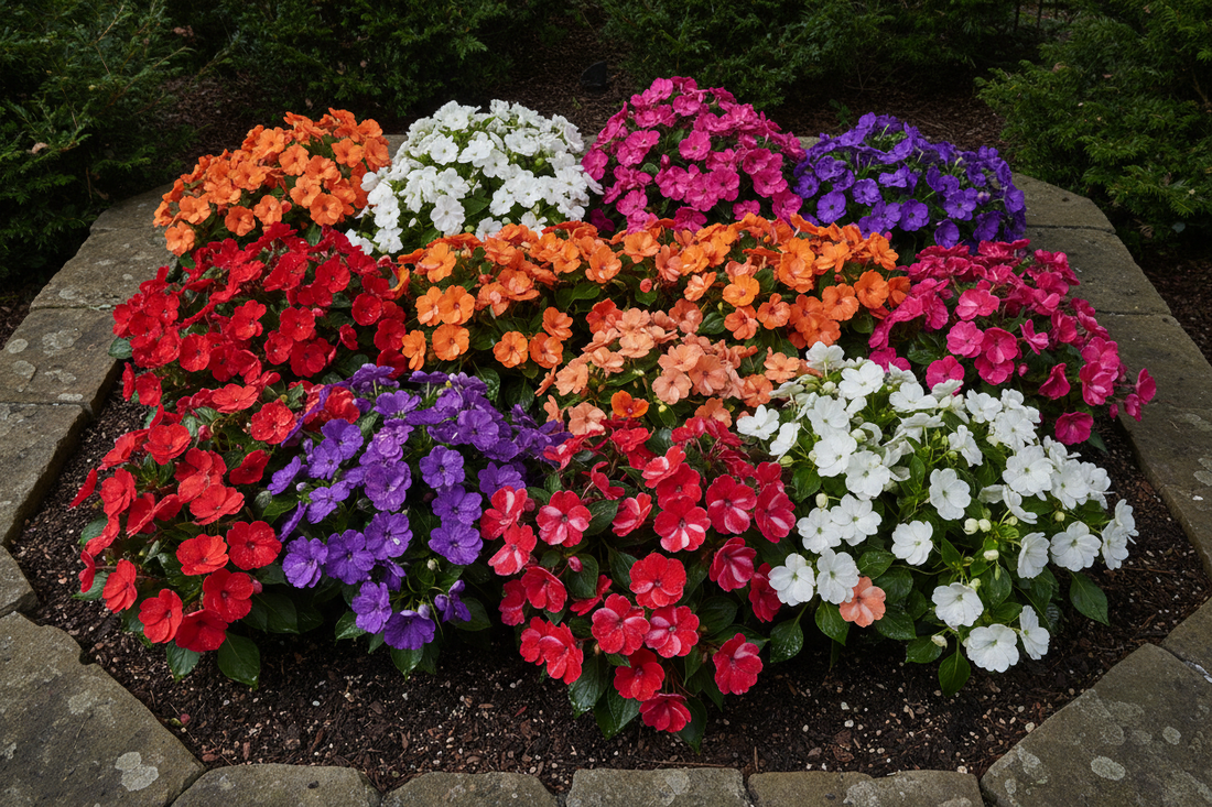 Impatiens Imara XDR bulk flower seeds full color range in shaded garden bed