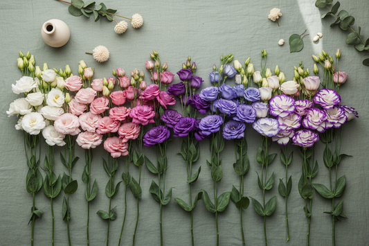 Lisianthus cut flower stems arranged by color — white, pink, purple, blue, and bicolor picotee varieties for commercial growers