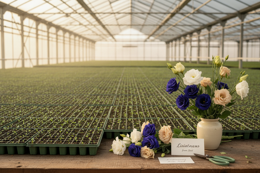  Commercial greenhouse plug trays with lisianthus seedlings and mature lisianthus blooms in deep blue, white, and champagne