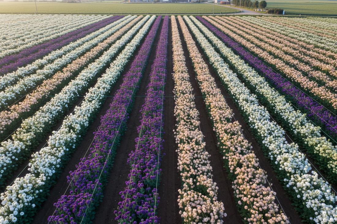 Aerial view lisianthus cut flower field rows with support netting commercial spacing guide