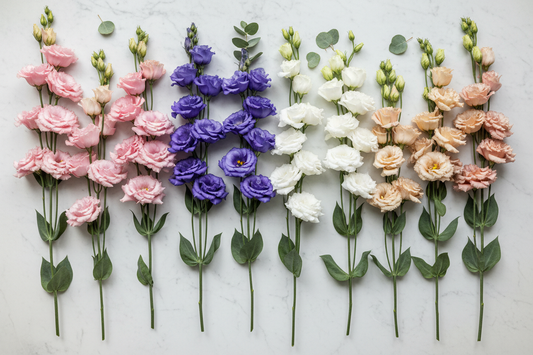 Lisianthus cut flower stems by series — Voyage, Mariachi, Arena, and Croma varieties grown from seed in 200-cell trays