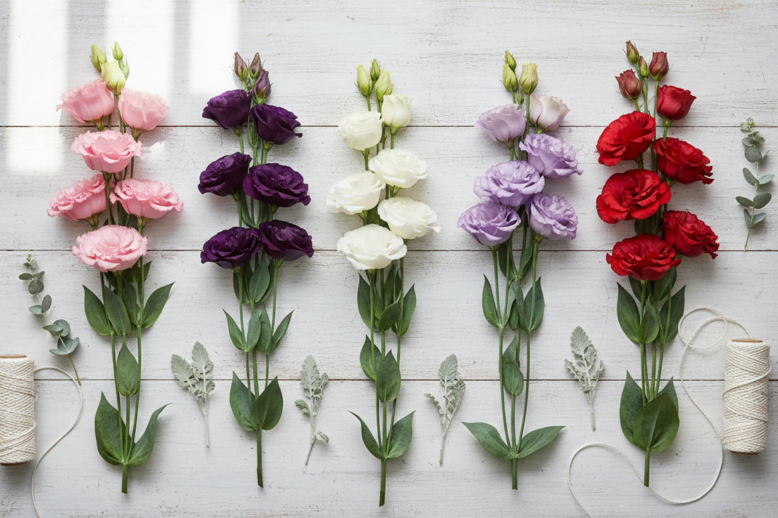 Multiple lisianthus cut flower varieties including Advantage, Rosanne, Voyage, Megalo and Arena series blooms laid out on a white wood surface for commercial grower comparison