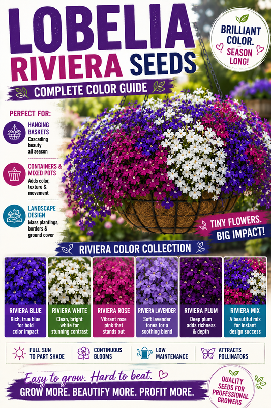 Lobelia Riviera seed color guide for containers, hanging baskets, and landscape plantings.