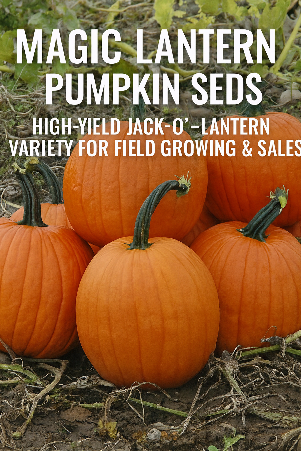 Bright orange Magic Lantern pumpkins stacked in the field, known for their strong handles, uniform size, and perfect Jack-O’-Lantern shape — ideal for carving, fall displays, and market sales