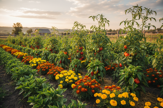 French marigolds interplanted with tomato and pepper plants in a lush organic vegetable garden at golden hour