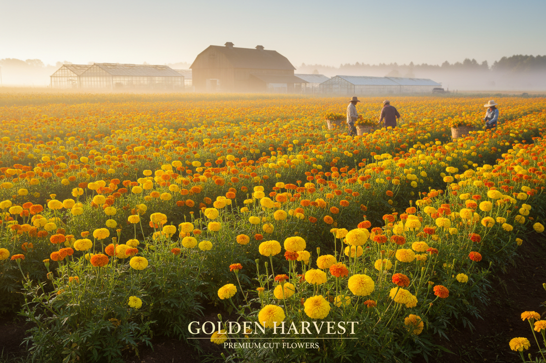 African marigold cut flower field in full bloom at commercial farm