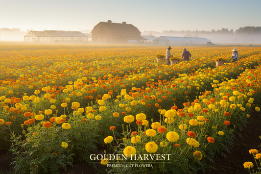 African marigold cut flower field in full bloom at commercial farm