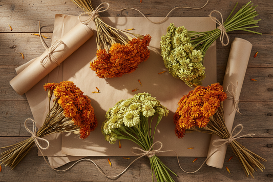 Dried African marigold bundles in gold orange and green on a rustic wooden surface with kraft paper and twine