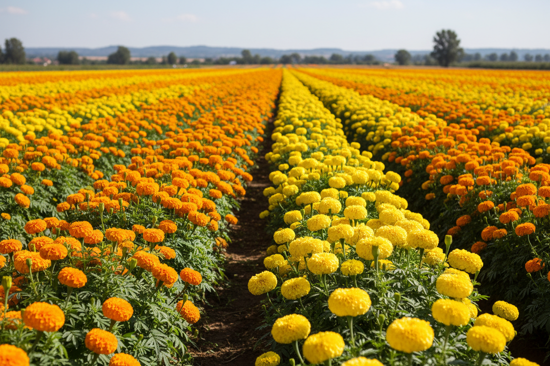 Marigold seed starting journey from plug tray seedlings to full bloom African marigold field