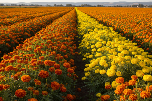 Commercial marigold field in succession bloom, yellow and orange African marigolds from June through frost