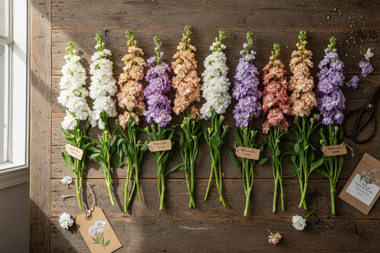 Matthiola stock cut flower stems in white, apricot, rose and lavender arranged on a rustic farm table