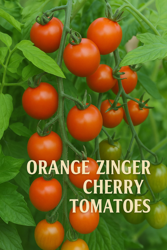 Orange Zinger Cherry Tomatoes ripening on the vine – a sweet and tangy cherry tomato variety grown from seed