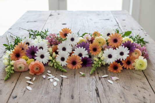 Osteospermum African daisy cut flowers with snapdragons and ranunculus on a farm table