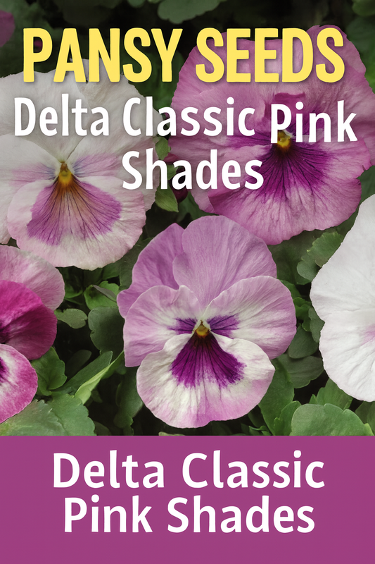 Soft pink pansy flowers from the Delta Classic Pink Shades variety blooming in a garden bed.