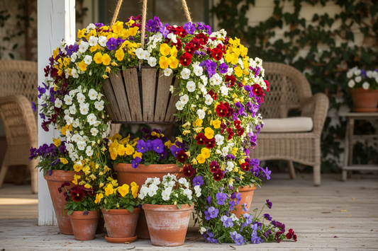 Colorful trailing pansy seeds growing in hanging baskets and terracotta containers on a sunny porch 