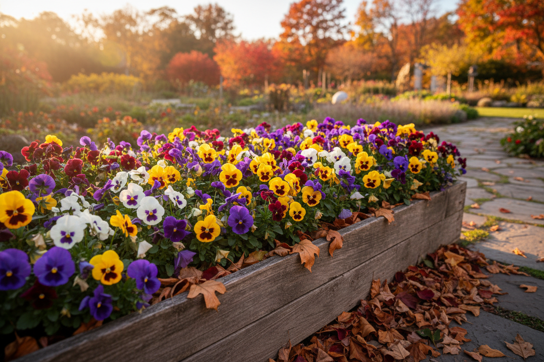 Pansy seeds for fall planting colorful purple red yellow and white pansies blooming in autumn garden