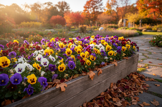 Pansy seeds for fall planting colorful purple red yellow and white pansies blooming in autumn garden