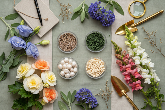 Pelleted cut flower seeds including lisianthus, begonia, snapdragon, and trachelium displayed alongside fresh cut flowers for commercial growers