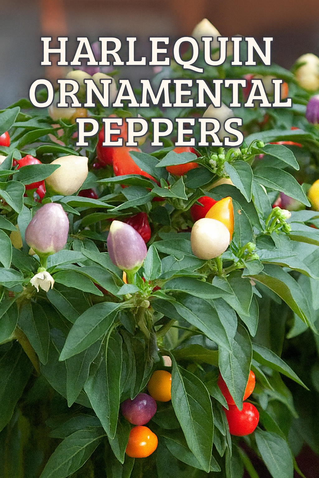 Harlequin Ornamental Pepper plant with multicolored fruits in purple, yellow, red, and orange, compact and ideal for containers and borders