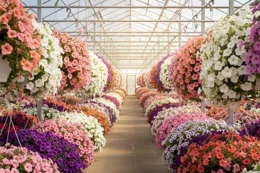 Trailing petunia hanging baskets in full bloom inside a commercial greenhouse
