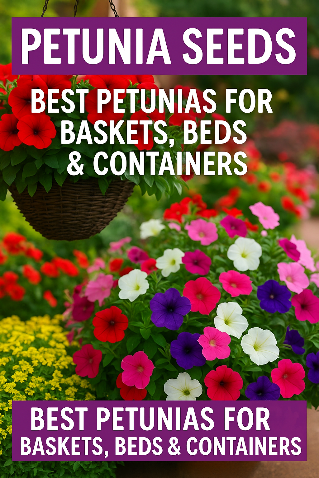Colorful petunias in baskets and garden beds