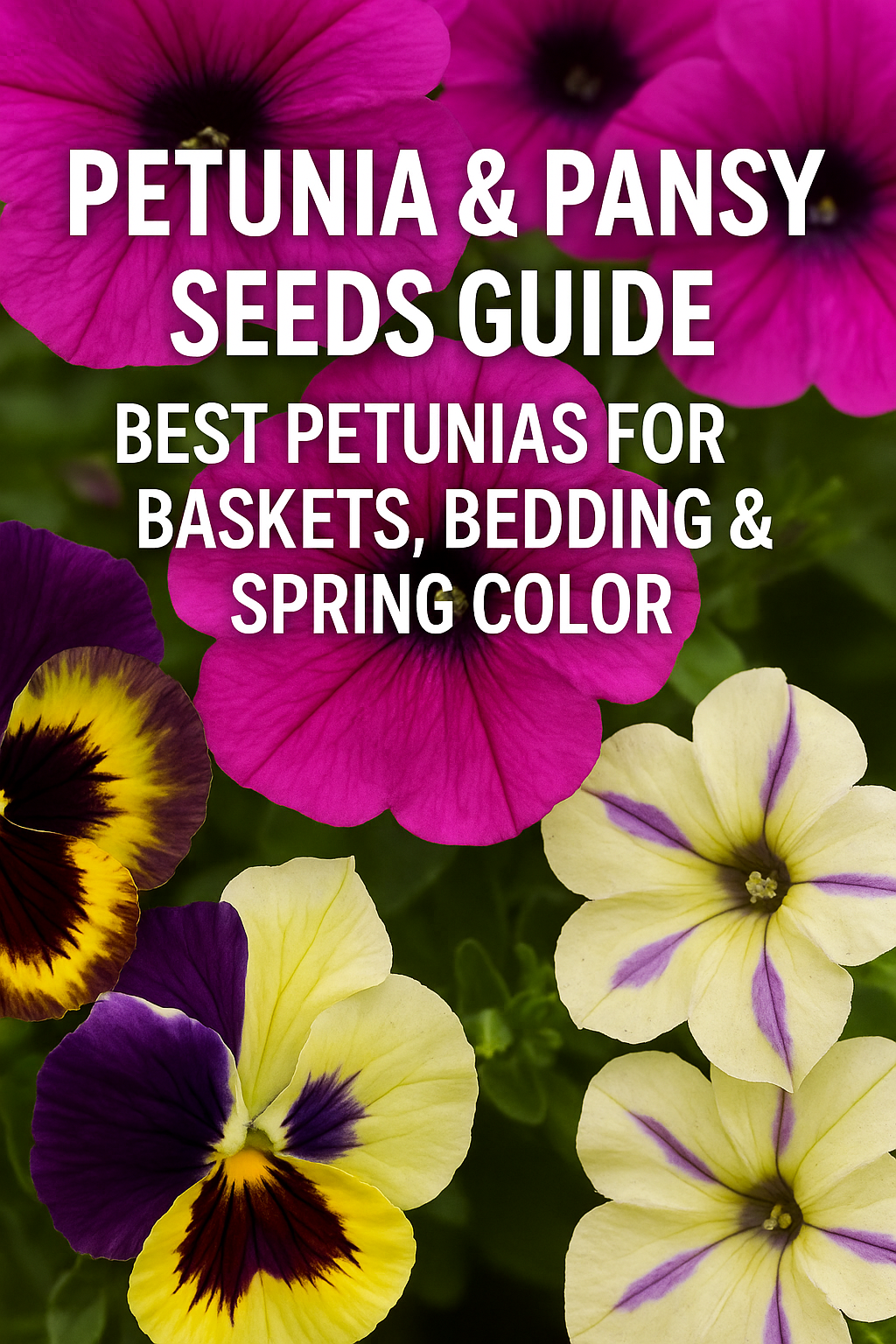Petunias and pansies with a title promoting the guide to Wave Petunias and Frizzle Sizzle Pansies for baskets and bedding.