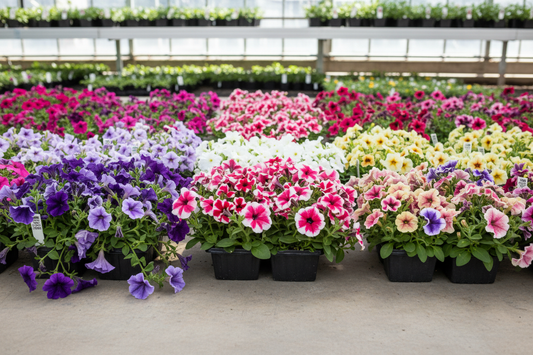 Trailing, upright, and spreading petunia varieties in nursery trays for commercial bulk planting programs