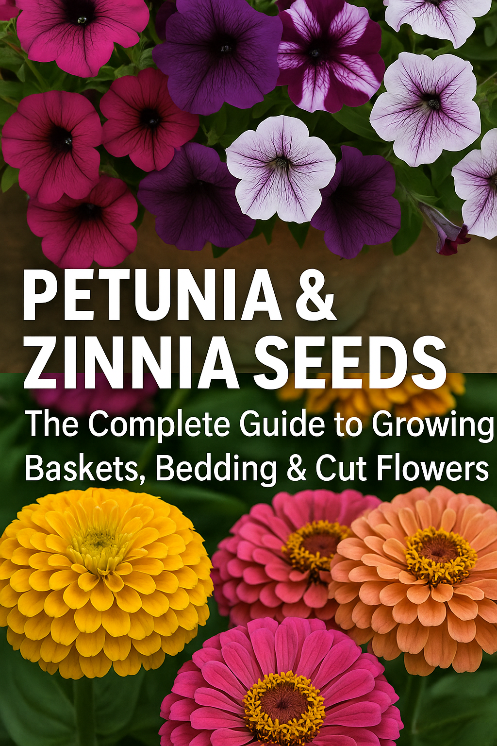 Petunia and Zinnia flowers in full summer bloom, showcasing bright colors and lush garden growth for a guide on choosing and growing the best varieties from seed