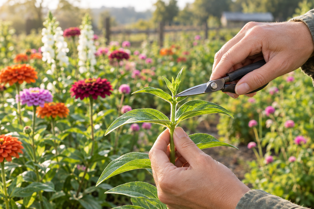 Gardener pinching a young zinnia above a leaf node in a cut-flower garden.