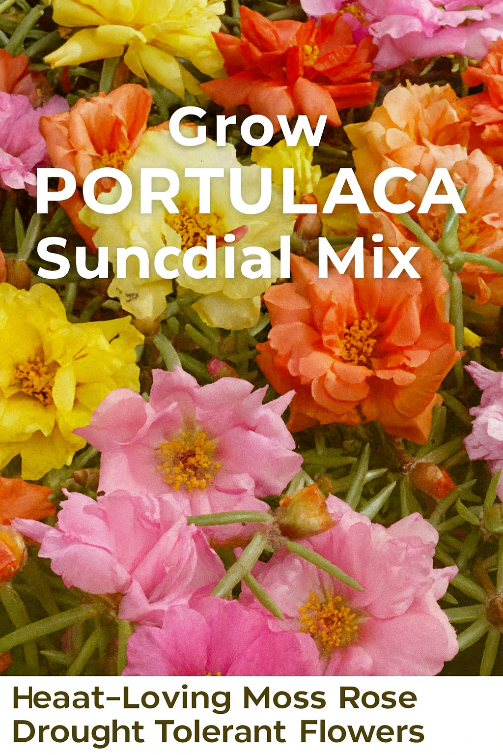 Vibrant Portulaca Sundial Mix blooms in pink, orange, yellow, and red tones — drought-tolerant moss rose flowers perfect for hot, sunny gardens and containers.