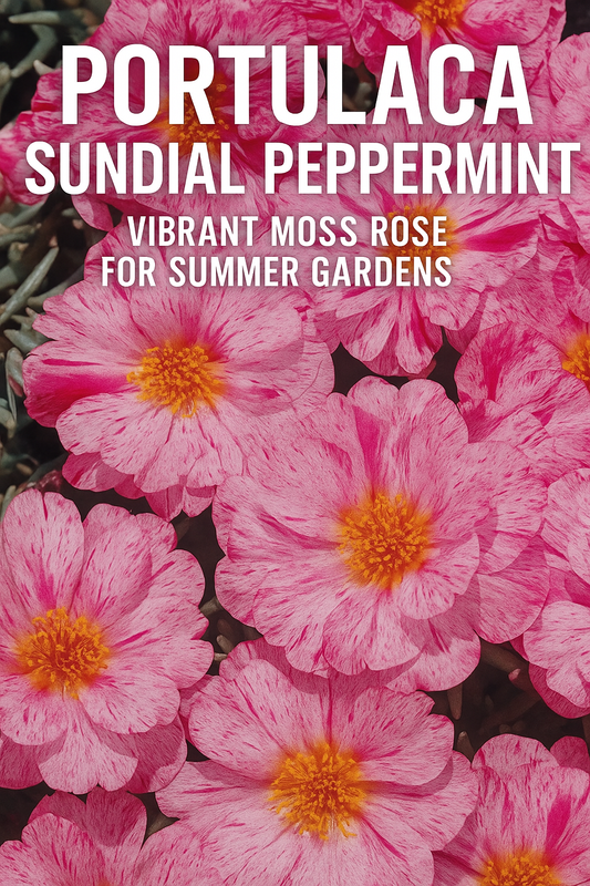 Portulaca Sundial Peppermint blooms with vibrant pink and white stripes, a dazzling moss rose variety that thrives in hot, sunny gardens