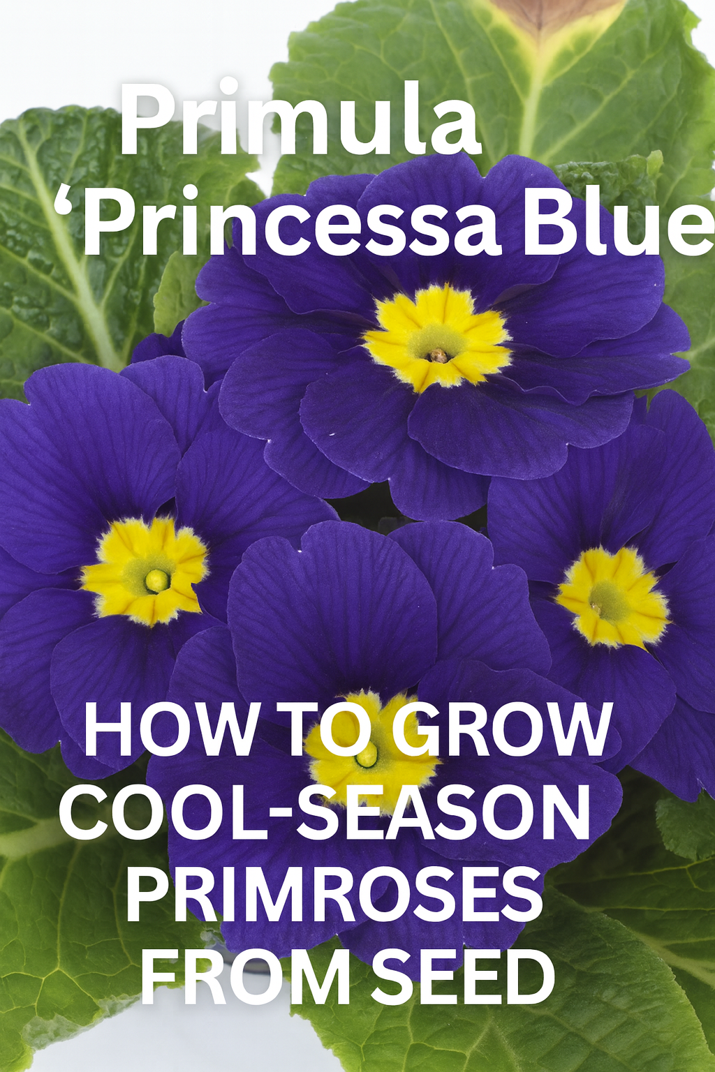 Deep blue Primula Princessa Primrose blooms with bright yellow centers, perfect cool-season flower for spring gardens and containers