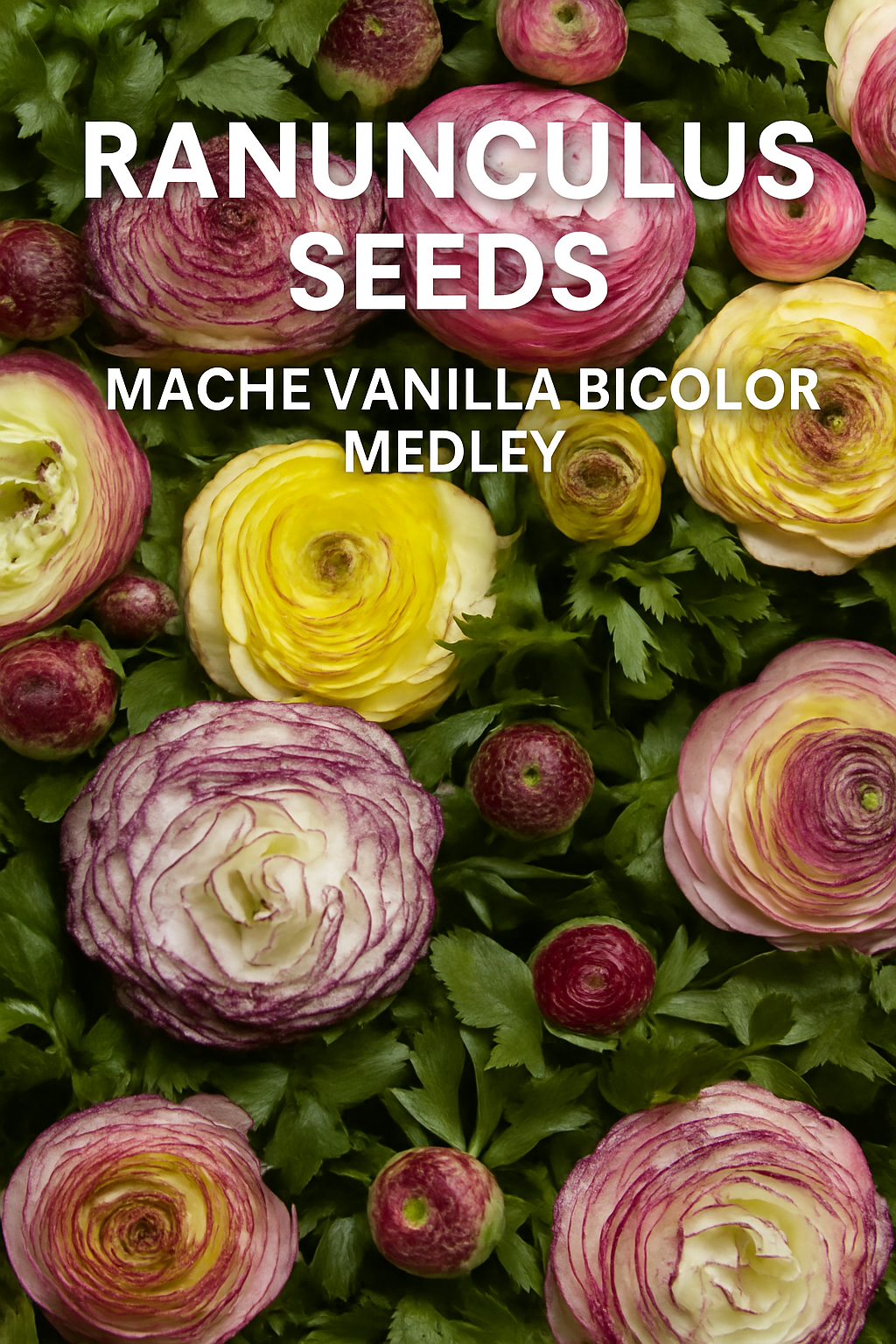 Ranunculus Mache Vanilla Bicolor Medley flowers with creamy vanilla petals edged in soft pink, perfect for cut flowers and wedding bouquets