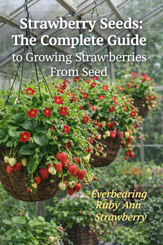 Ruby Ann everbearing strawberry plants grown from seed in hanging baskets inside a greenhouse producing red berries and flowers