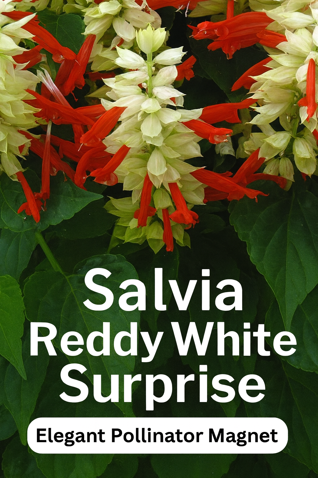Red and white Salvia Reddy White Surprise blooms — a compact, pollinator-attracting flower perfect for containers, garden borders, and summer landscapes