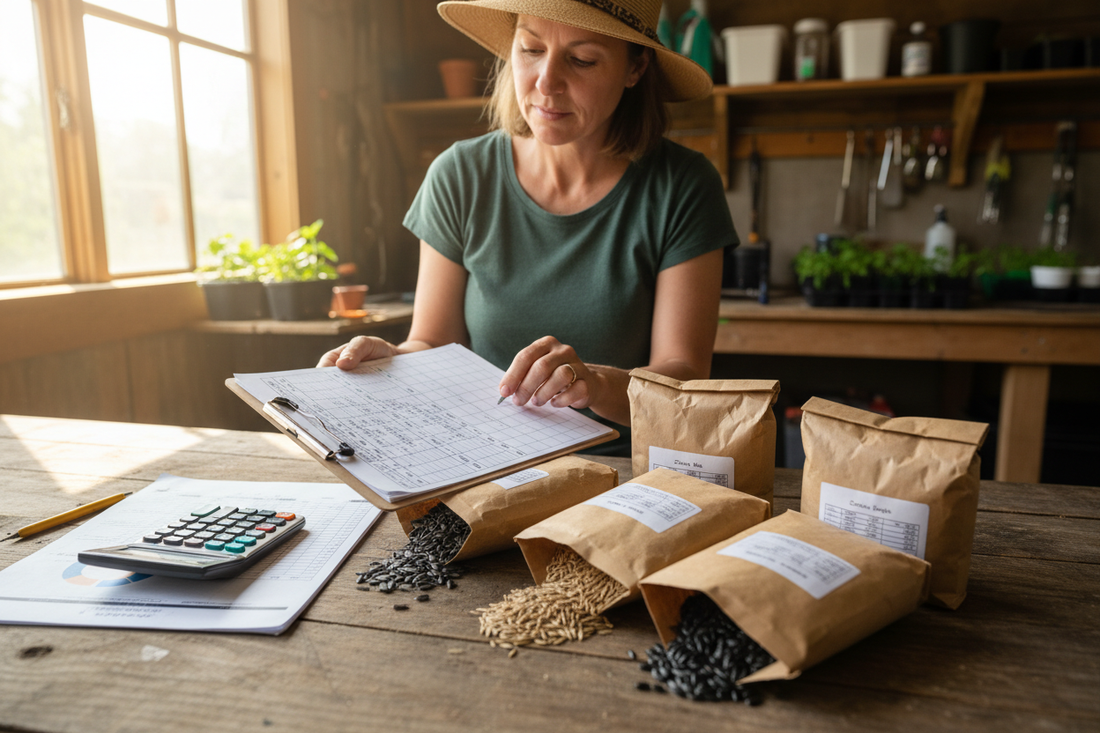 Commercial flower farm owner planning seed quantities with bulk seed packets, calculator, and crop planning worksheet on farm table 