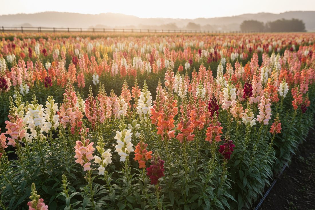 Rows of tall snapdragon cut flower spikes in full bloom on a commercial flower farm, featuring white, pink, salmon, orange, and burgundy varieties in morning light