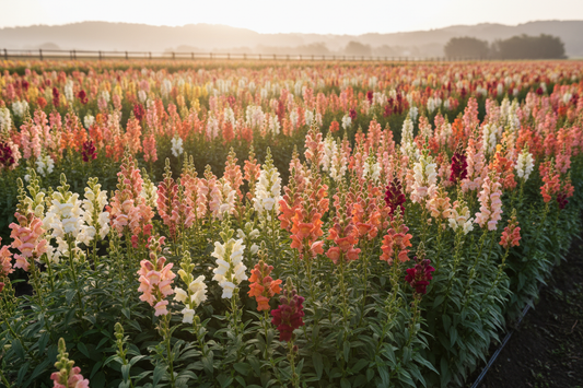 Rows of tall snapdragon cut flower spikes in full bloom on a commercial flower farm, featuring white, pink, salmon, orange, and burgundy varieties in morning light