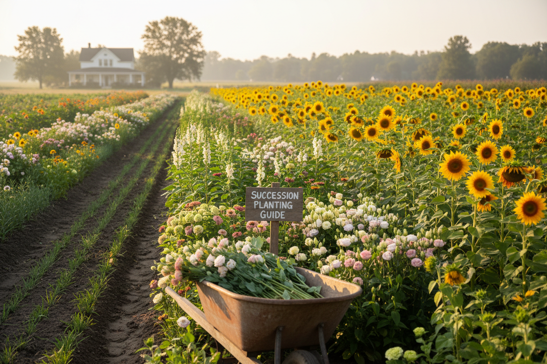 Cut flower farm field showing lisianthus snapdragons zinnias sunflowers and dianthus at different growth stages for year-round succession harvest planning