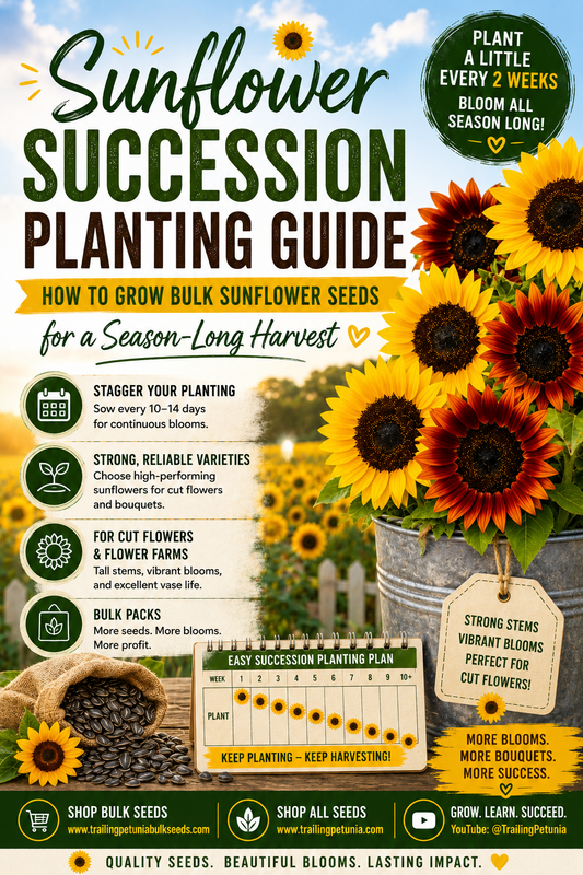 Sunflower succession planting guide showing how to grow bulk sunflower seeds with staggered planting for a continuous season-long harvest of vibrant cut flowers