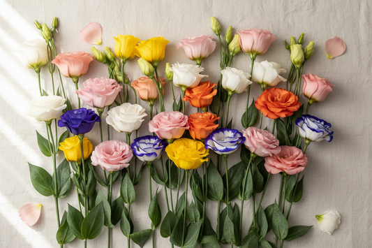 Super Magic and Sabrina lisianthus cut flower stems in champagne, rose, yellow, apricot, white, deep blue, mango and orange — bulk pelleted seeds for commercial growers