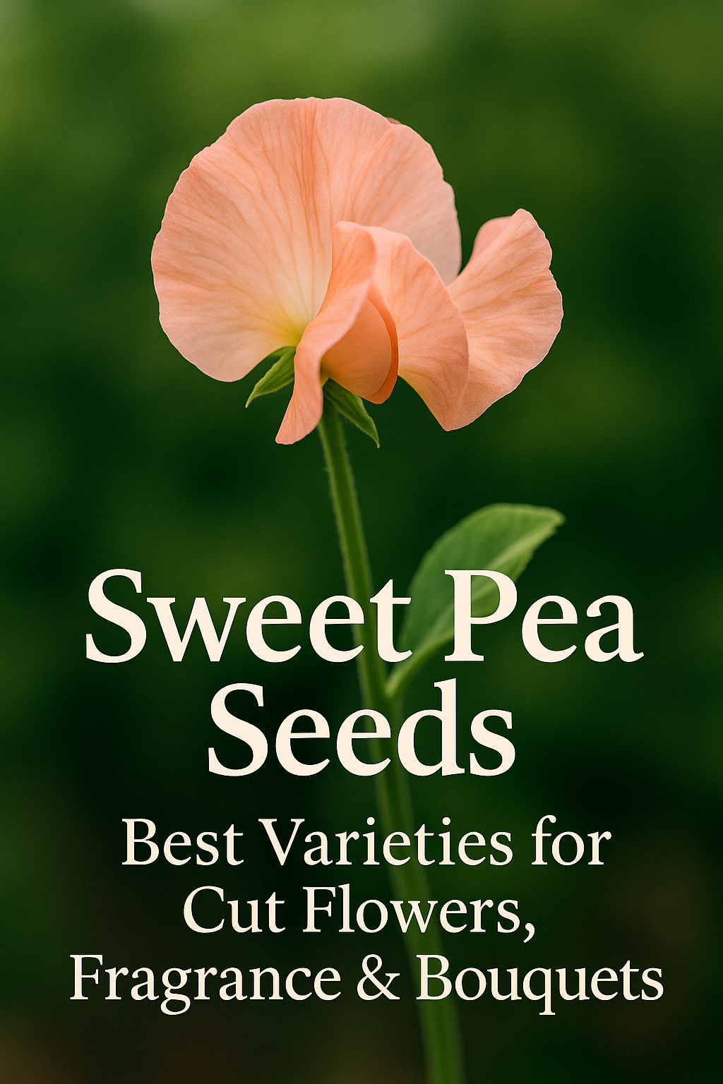 Peach-pink sweet pea flower with blog title overlay about the best sweet pea varieties for cut flowers, fragrance, and bouquets.