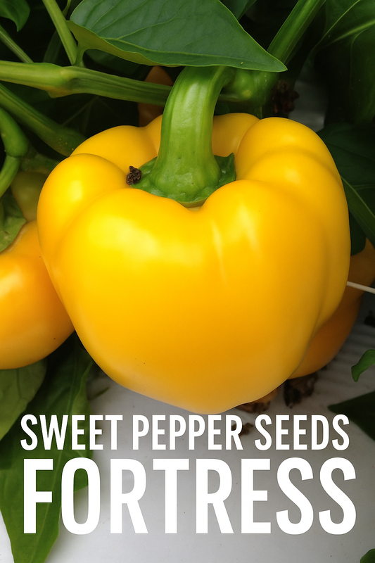 Bright yellow Fortress Sweet Pepper growing on the plant, showcasing its thick walls, glossy skin, and fresh green stem — a perfect example of this reliable sweet pepper variety