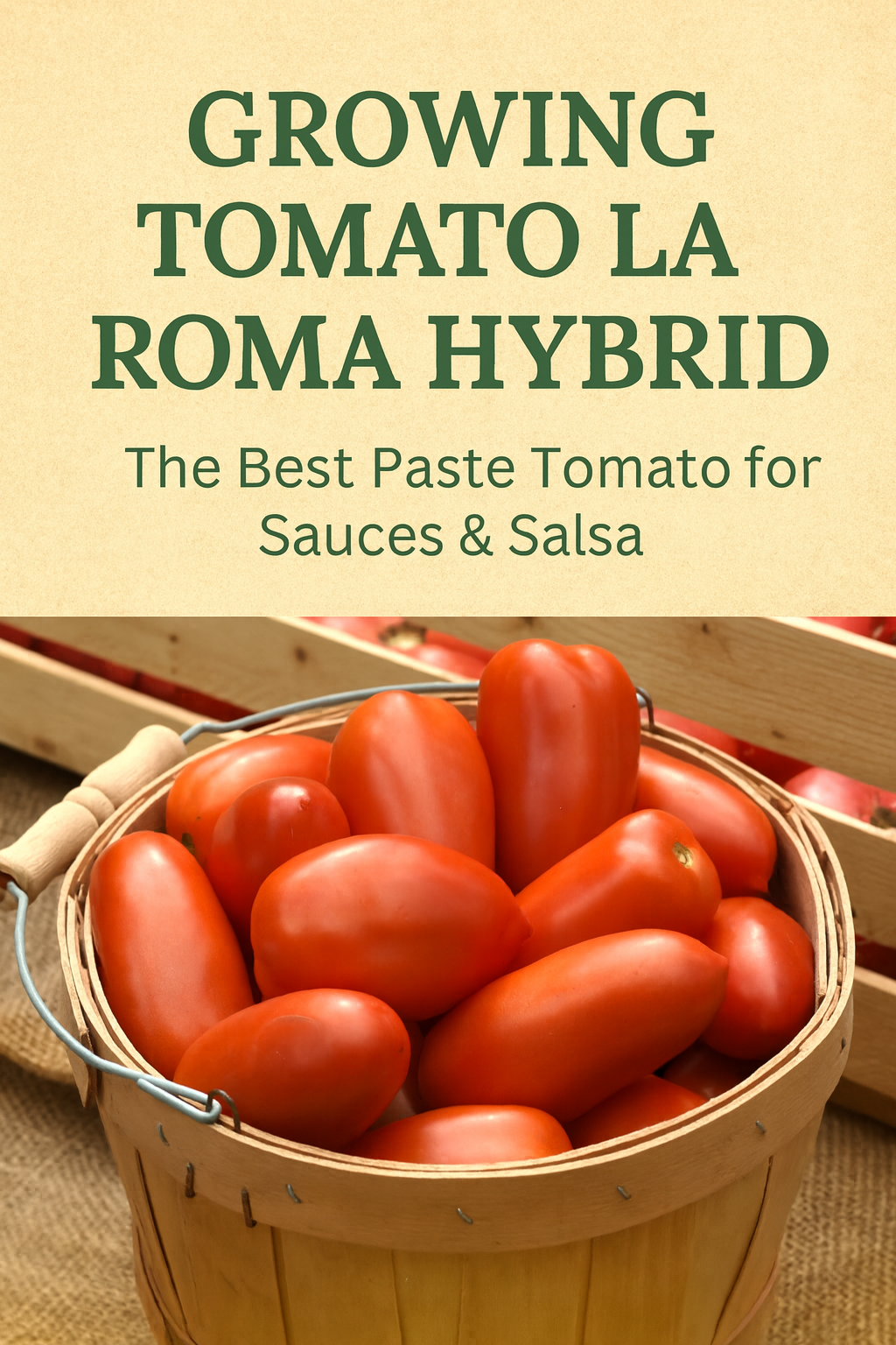 Tomato La Roma Hybrid paste tomatoes in a rustic basket – classic plum-shaped red tomatoes ideal for sauces, salsas, and canning