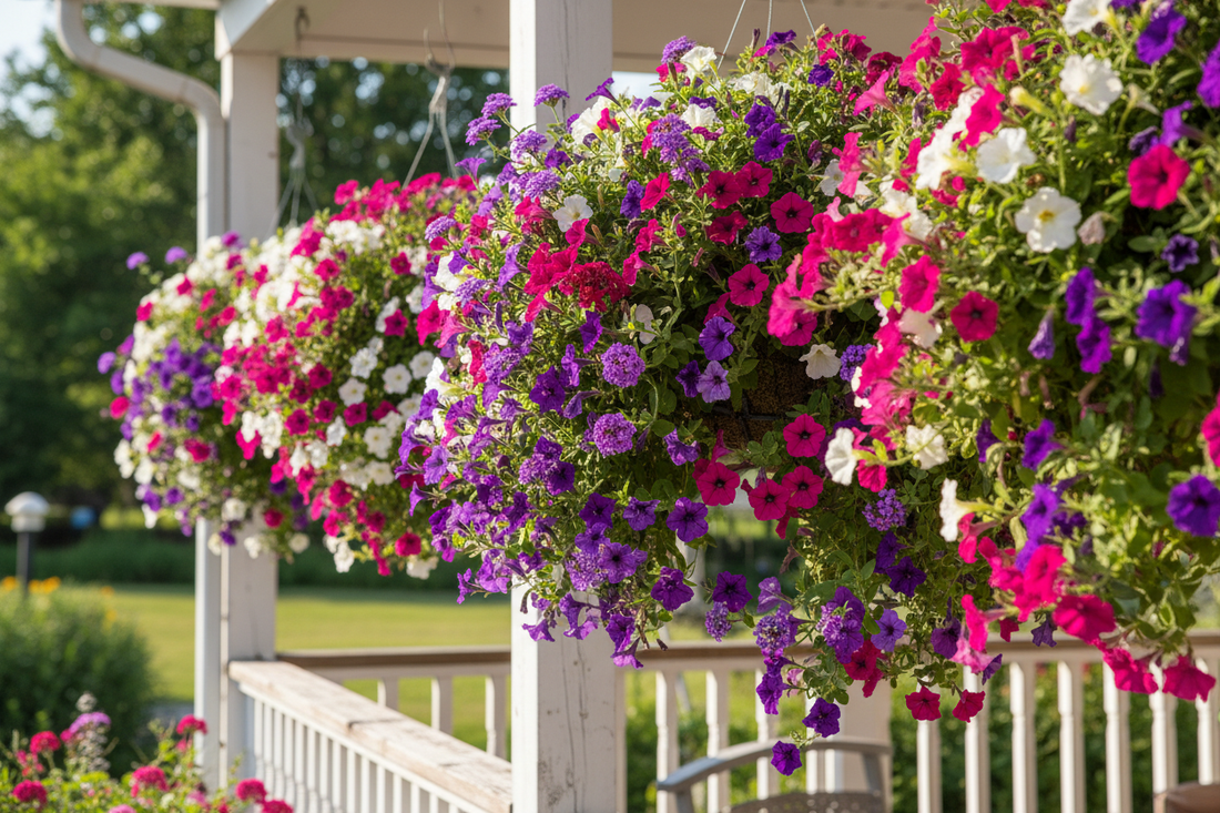  Colorful trailing petunia and verbena hanging baskets in full bloom on a sunny porch