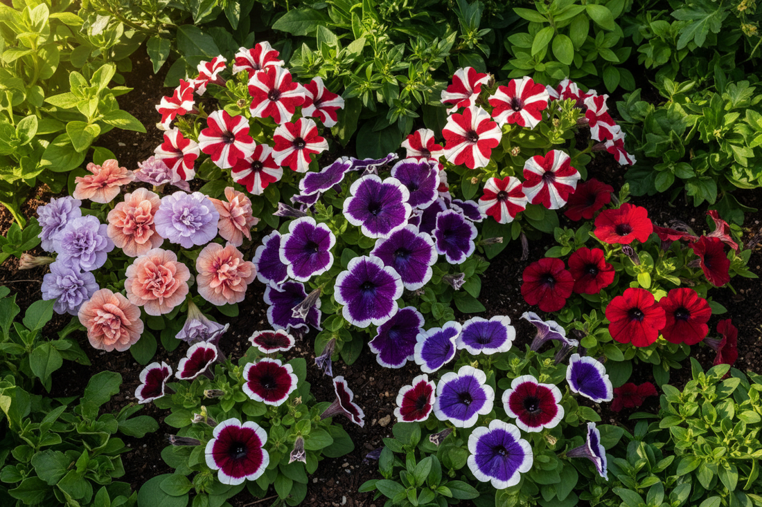 Upright petunia seeds Frost Double Madness Lo Rider Hurrah and Hulahoop series in full bloom