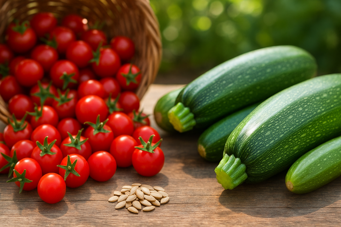 Fresh cherry tomatoes and zucchini displayed for a vegetable seed growing guide.