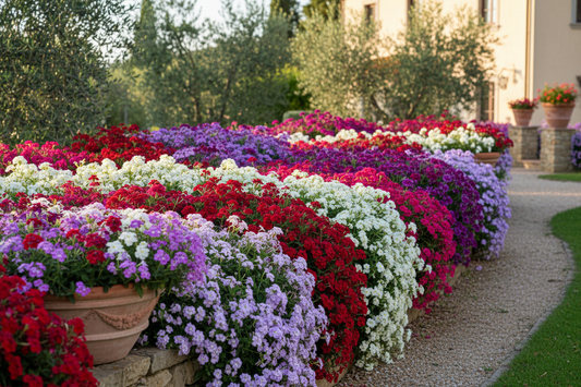  Verbena perennial varieties in full bloom — Tuscany, Obsession Cascade, and Quartz XP growing in landscape beds in Zones 7–11