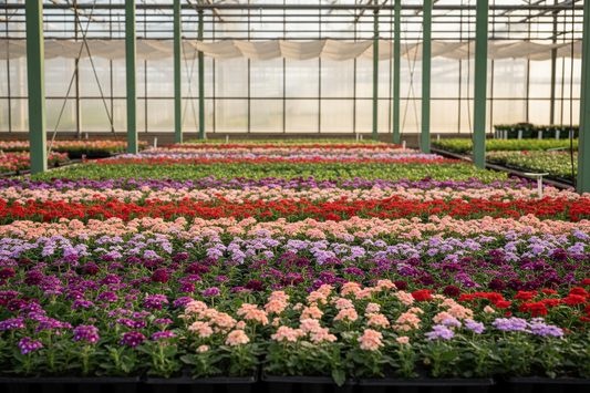 Commercial verbena plug trays with colorful seedlings growing in a professional greenhouse